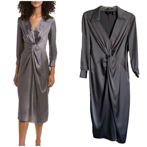 Theory Charcoal Satin Long Sleeve Twist Dress Gray Size 4